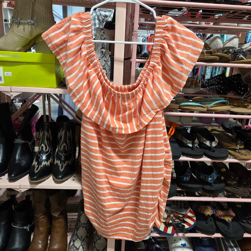 Times Two Womens XL Maternity Top Peach White Striped Off Shoulder Ruched Ruffle